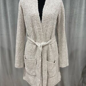 Elegant Beige Knit Belted Cardigan